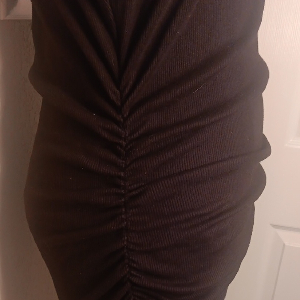NEW! Michael Stars Gia Ribbed Black Sleevelesd Mock Neck Ruched Mini Dress - Picture 7 of 11